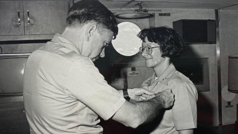 Chief of Naval Operations Adm. Lisa Franchetti is shown here receiving her surface warfare officer pin as a lieutenant from Capt. Patrick Shepherd, commanding officer of the destroyer tender Shenandoah, sometime between November 1989 and February 1990. (Office of the Chief of Naval Operations)