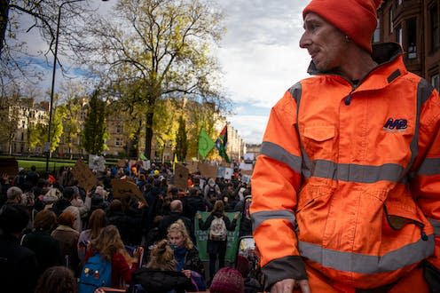 <span class="caption">A striking worker at a Fridays for Future march during COP26 in Glasgow, Scotland.</span> <span class="attribution"><a class="link " href="https://upload.wikimedia.org/wikipedia/commons/d/dc/Bystanders_%2851663123624%29.jpg" rel="nofollow noopener" target="_blank" data-ylk="slk:Fraser Hamilton;elm:context_link;itc:0;sec:content-canvas">Fraser Hamilton</a>, <a class="link " href="http://creativecommons.org/licenses/by-sa/4.0/" rel="nofollow noopener" target="_blank" data-ylk="slk:CC BY-SA;elm:context_link;itc:0;sec:content-canvas">CC BY-SA</a></span>