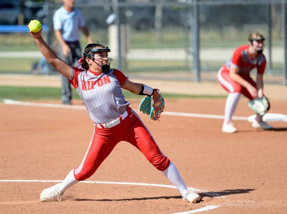 Ripon pitcher Kharime Caratachea delivers a pitch during the CIF Sac-Joaquin Section Division IV semifinals against Central Catholic at Central Catholic High School on Tuesday, May 21, 2024.