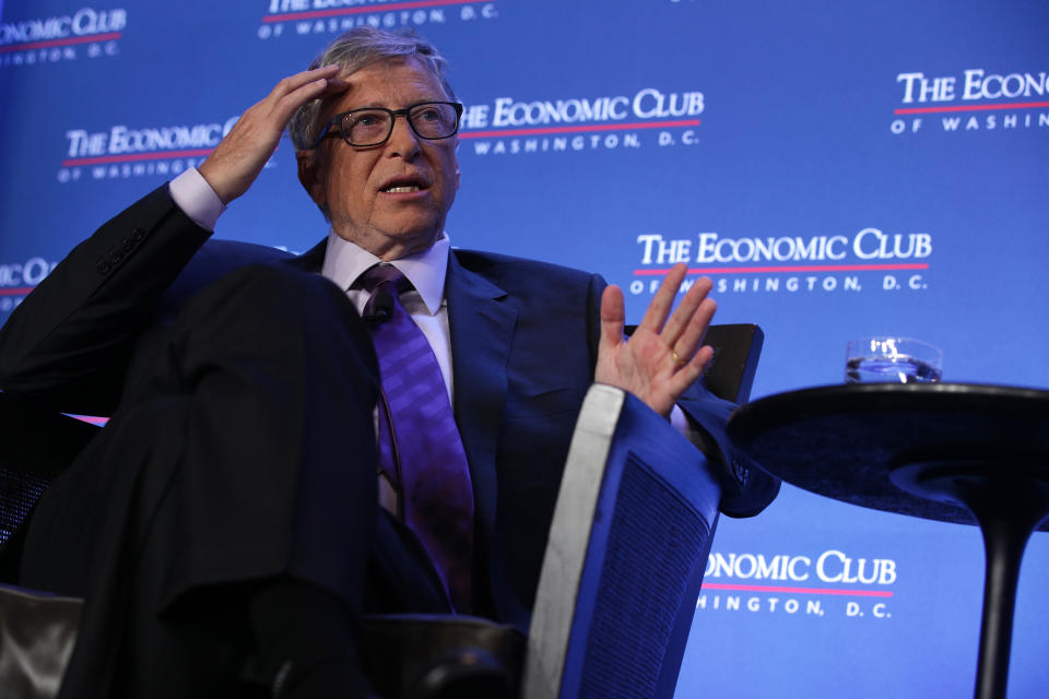 WASHINGTON, DC - JUNE 24:  Microsoft principle founder Bill Gates participates in a discussion during a luncheon of the Economic Club of Washington June 24, 2019 in Washington, DC. Gates discussed various topics including climate change.  (Photo by Alex Wong/Getty Images)