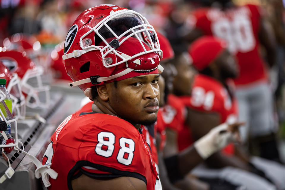 Jan 9, 2023; Inglewood, CA, USA; Georgia Bulldogs defensive lineman Jalen Carter (88) against the TCU Horned Frogs during the CFP national championship game at SoFi Stadium. Mandatory Credit: Mark J. Rebilas-USA TODAY Sports