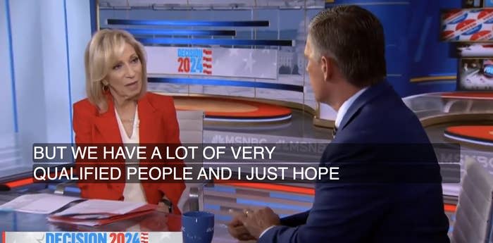 Andrea Mitchell and a man in a suit are discussing Decision 2024 in a news studio. Captions read: "BUT WE HAVE A LOT OF VERY QUALIFIED PEOPLE AND I JUST HOPE"