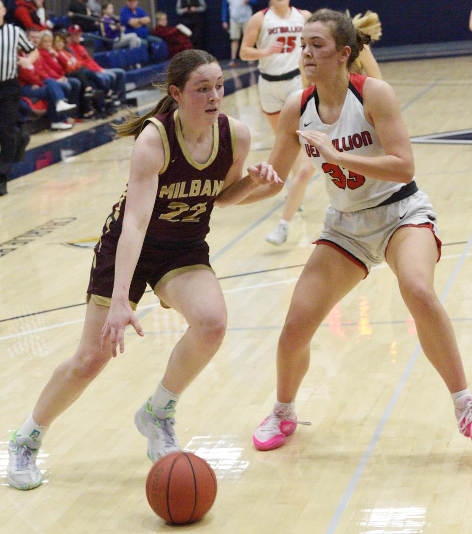 Milbank's Belle Pauli drives against the defense of Vermillion's Brooke Jensen during their matchup in the Sacred Hoops Classic on Saturday, Jan. 27, 2024 at Laddie E. Cimpl Arena in Yankton.