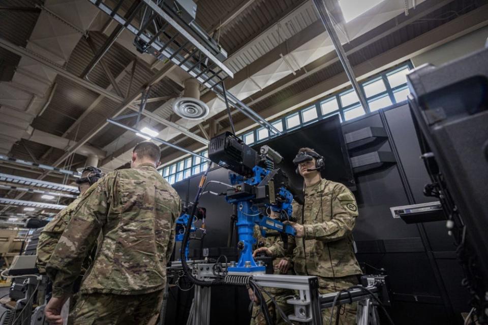 U.S. Army Soldiers with the New Jersey National Guard’s D Company, 1-114th Infantry Regiment (Air Assault) train with a heavy weapons simulator at the Observer Coach/Trainer Operations Group Regional Battle Simulation Training Center on Joint Base McGuire-Dix-Lakehurst, N.J., Feb. 8, 2020.