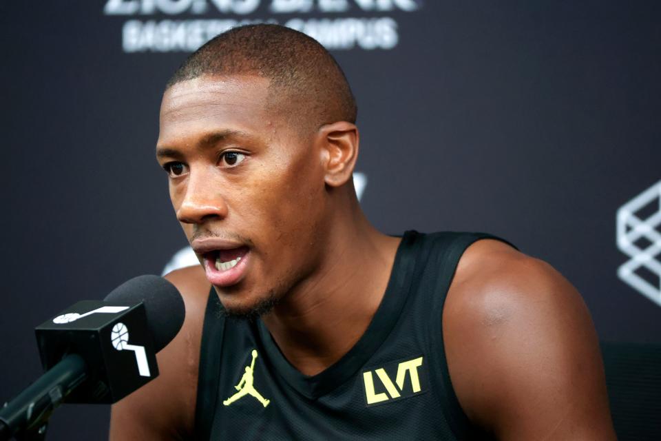 Guard Kris Dunn talks to members of the media during Utah Jazz media day at the Zions Bank Basketball Center in Salt Lake City on Monday, Oct. 2, 2023. | Kristin Murphy, Deseret News