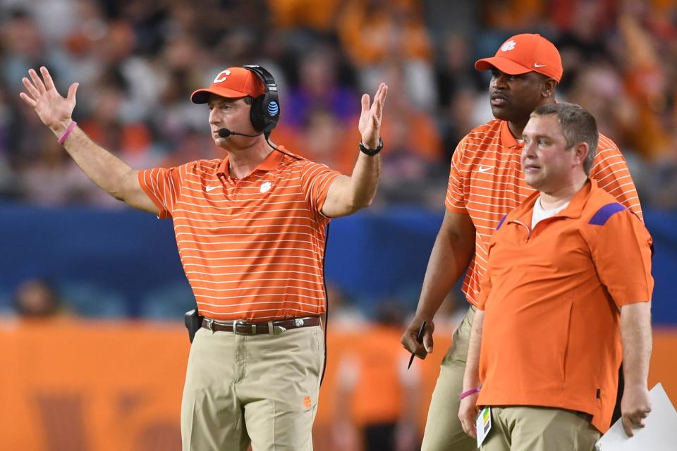 Clemson head coach Dabo Swinney reacts to a missed field goal during the first half of the Orange Bowl game between the Tennessee Vols and Clemson Tigers at Hard Rock Stadium in Miami Gardens, Fla. on Friday, Dec. 30, 2022.

Orangebowl1230 1859