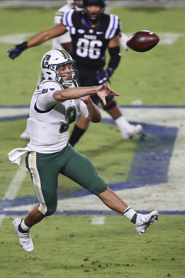 Charlotte quarterback Chris Reynolds (3) passes the football during the first half against Duke in an NCAA college football game Saturday, Oct. 31, 2020, in Durham, N.C. (Jaylynn Nash/Pool Photo via AP)