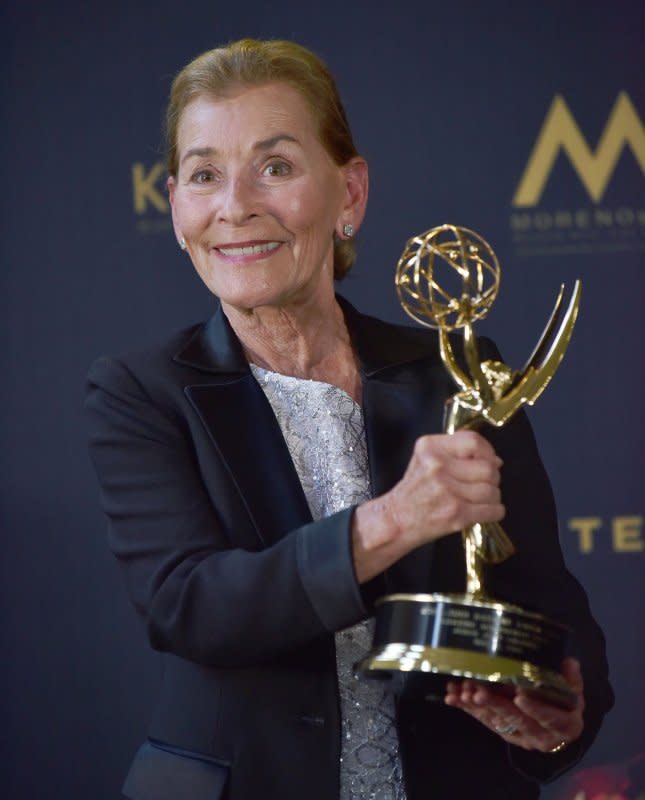 Judge Judy Sheindlin holds up her Lifetime Achievement Award in the press room at the 46th Annual Daytime Emmy Awards held at the Pasadena Civic Auditorium in California on May 5, 2019. The TV personality turns 81 on October 21. File Photo by Chris Chew/UPI