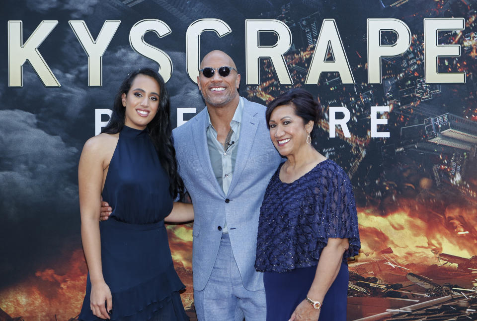 Actor Dwayne Johnson, his daughter Simone Alexandra Johnson (L) and his mother Ata Johnson (R) attend the premiere of 'Skyscraper' on July 10, 2018 in New York City. (Photo by KENA BETANCUR / AFP)        (Photo credit should read KENA BETANCUR/AFP via Getty Images)