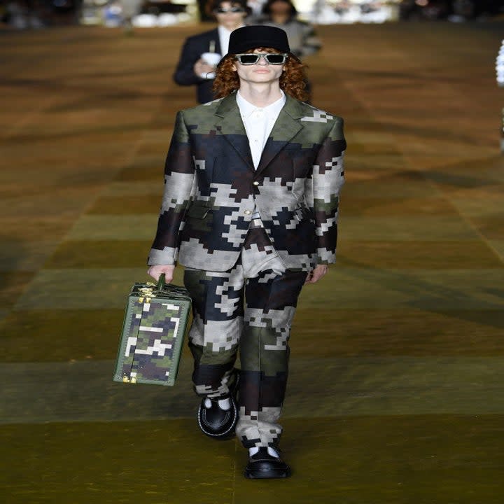 Minecraft-looking suit on Louis Vuitton runway