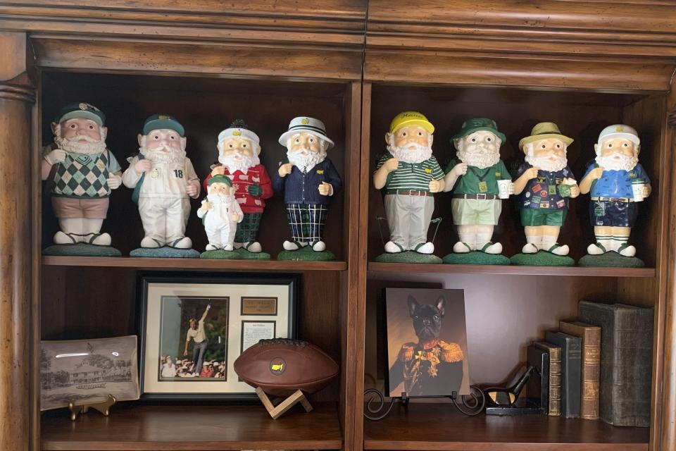 Masters gnomes, about one-foot tall ceramic figurine, are placed on shelf after purchased during the Masters golf tournament at Augusta National Golf Club Saturday, April 13, 2024, in Augusta, Ga. The gnomes go fast when they are put out at the Masters main golf shop each morning. (Jamie Plowman via AP, HO)