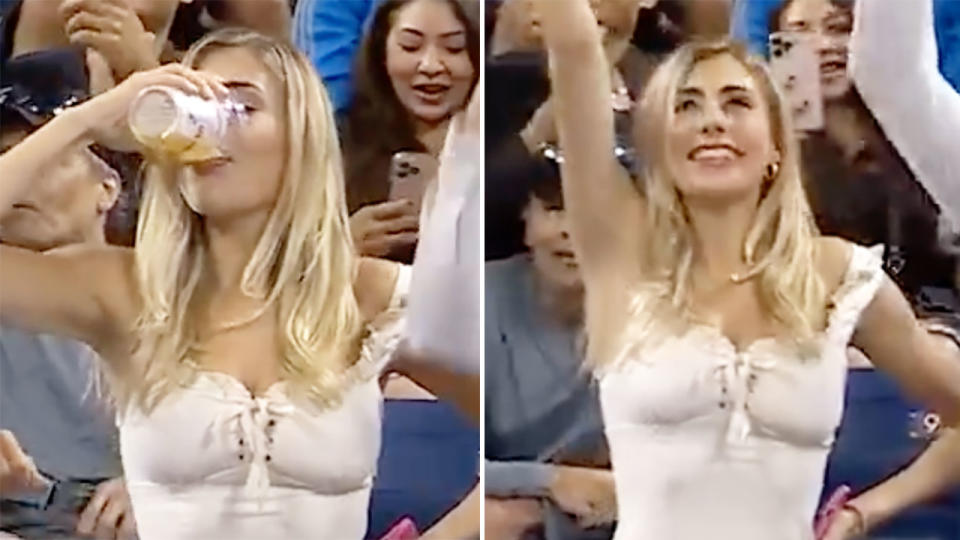 US Open fan Megan Lucky has wowed viewers after making a triumphant beer-swigging return to Flushing Meadows in 2022. Pic: US Open Tennis 