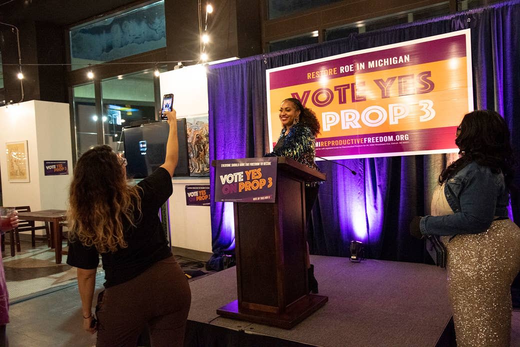 Supporters celebrate as votes in favor of Proposal 3, the Right to Reproductive Freedom Initiative begin to pour in on Nov. 8, 2022, in Detroit.