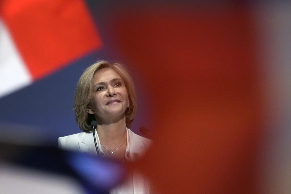 Valerie Pecresse, candidate for the French presidential election 2022, delivers a speech during a meeting in Paris, France, Saturday, Dec. 11, 2021. The first round of the 2022 French presidential election will be held on April 10, 2022 and the second round on April 24, 2022. (AP Photo/Christophe Ena)