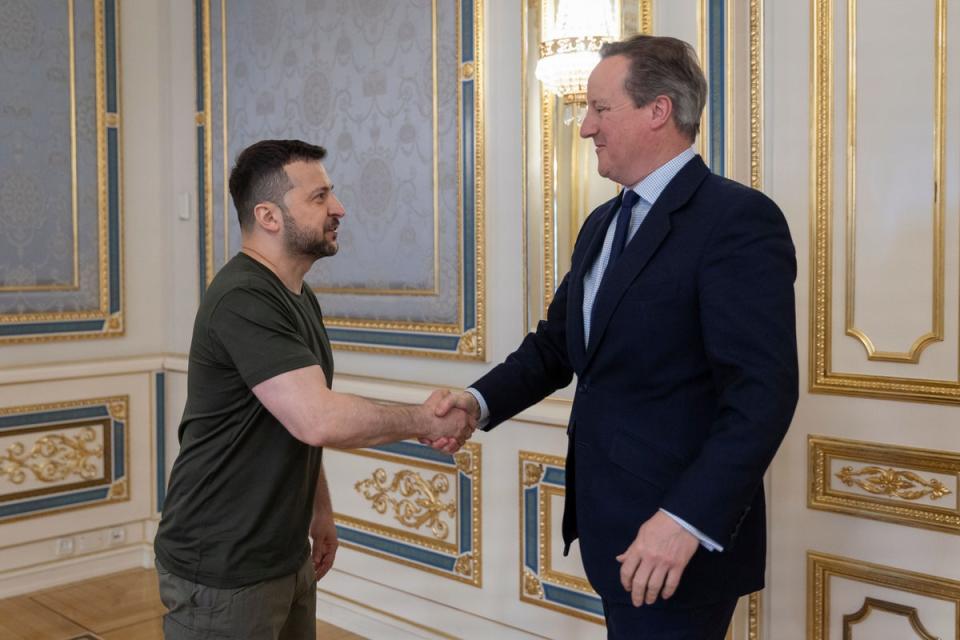 Foreign secretary David Cameron meets Volodymyr Zelensky in Kyiv’s presidential office on Friday (Ukrainian Presidential Press Office/PA)