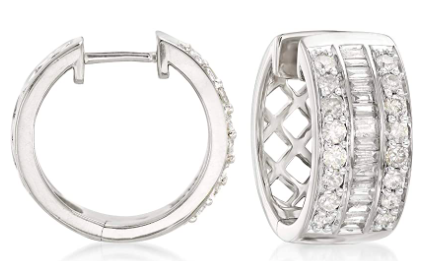 Ross-Simons 1.00 ct. t.w. Baguette and Round Diamond Hoop Earrings in Sterling Silver or 18kt Gold over Sterling Silver