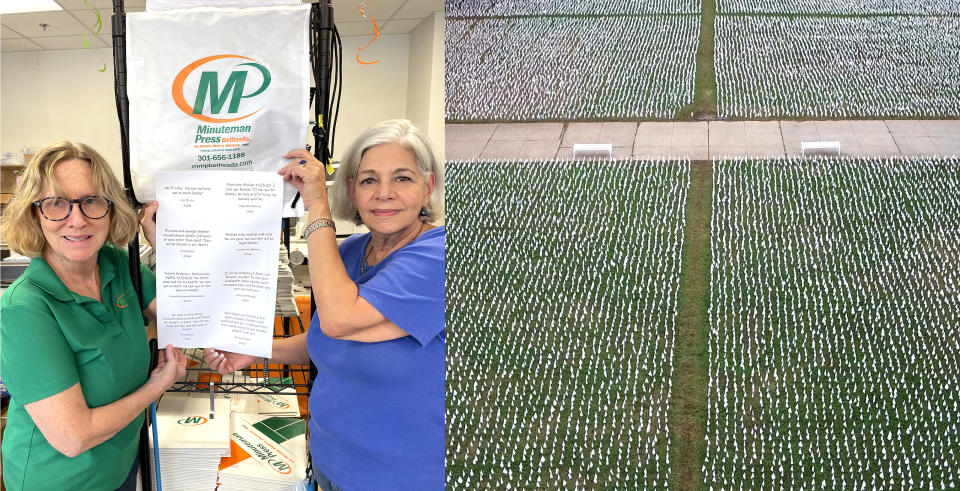 Minuteman Press Bethesda franchisee Leslie Kline (left) and CSR Sandy Miller (right) hold up printed messages of remembrance for the In America: Remember art exhibition, which is on display at the National Mall now through Oct. 3rd, 2021.