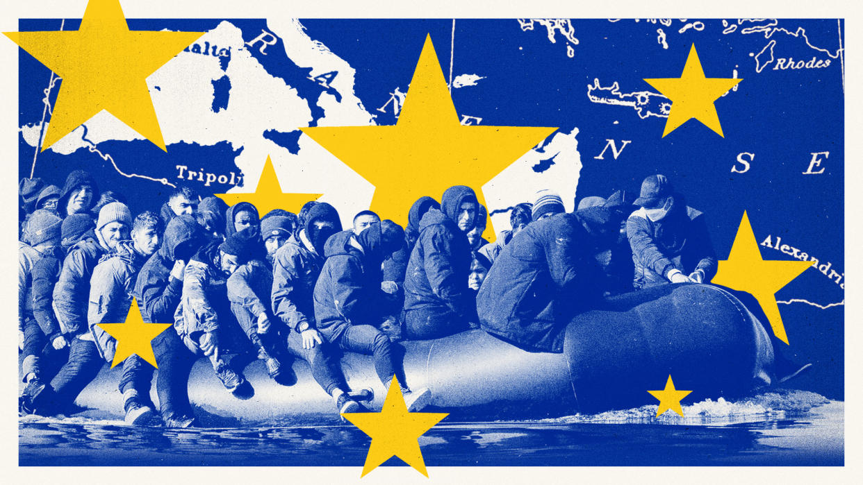  Illustration of migrants in a boat on a map of the Mediterranean Sea and EU flag colours. 