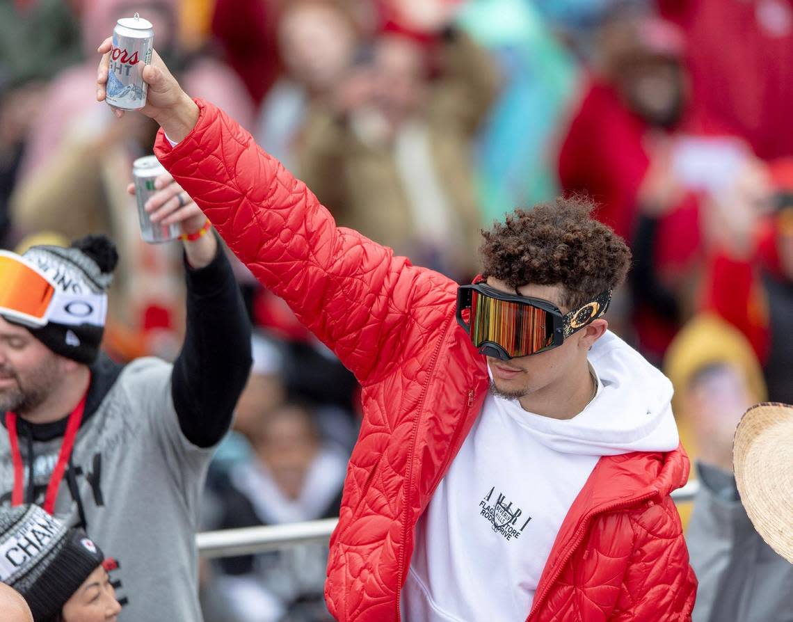 In a Louis Vuitton puffer coat and Oakley goggles, Chiefs quarterback Patrick Mahomes provided a high fashion moment during the Super Bowl celebration Wednesday. Nick Wagner/nwagner@kcstar.com