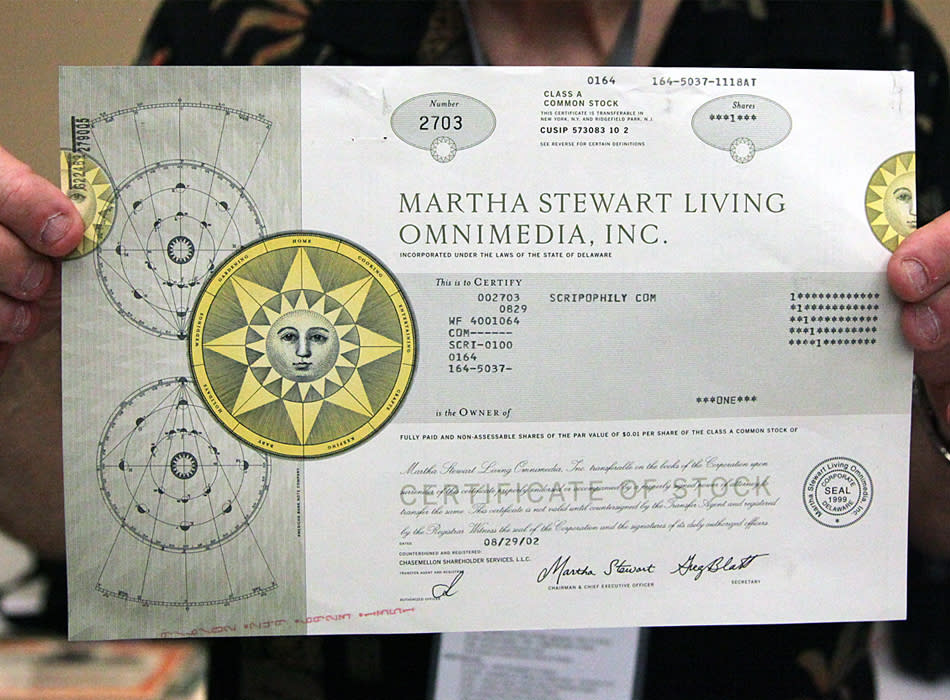 A stock certificate for one share of Martha Stewart Living Omnimedia, Inc. It was issued in 2002 when Martha Stewart was the chairman and CEO of the company, before her felony conviction disqualified her from holding the position of executive officer in a publicly traded company.