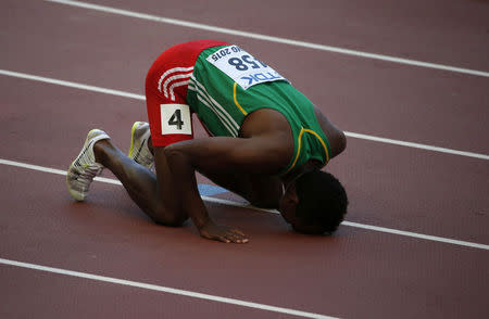 Mohammed Aman of Ethiopia reacts after winning his heat in the men's 800 metres at the 15th IAAF World Championships at the National Stadium in Beijing, China August 22, 2015. REUTERS/David Gray