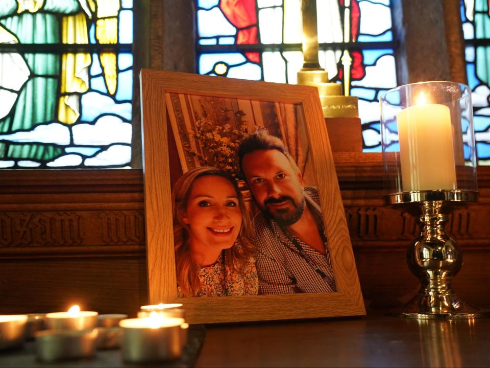 Candles were lit around a photo of Nicola Bulley and Paul Ansell on an altar at St Michael’s Church in St Michael’s on Wyre during the vigil (PA)