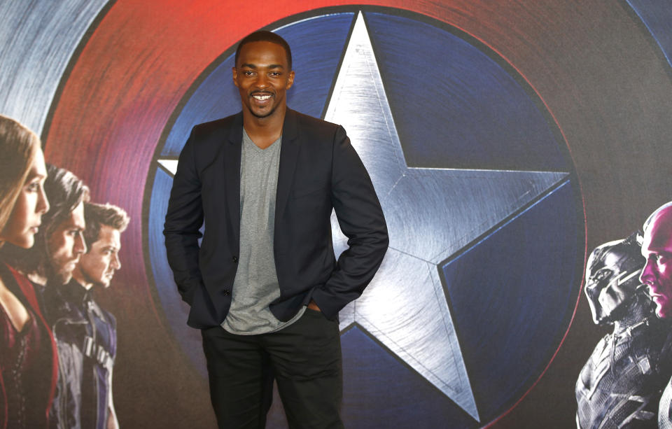 Actor Anthony Mackie, who plays "Sam Wilson", poses for photographers at a media event ahead of the release of "Captain America: Civil War", in London, Britain April 25, 2016.  REUTERS/Peter Nicholls