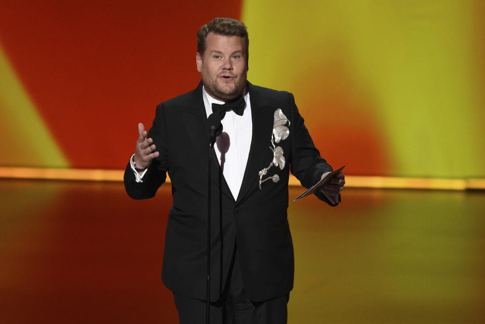 FILE - James Corden presents the award for outstanding television movie at the 71st Primetime Emmy Awards on Sept. 22, 2019, at the Microsoft Theater in Los Angeles. Corden bid farewell Thursday, April 27, 2023, to his late-night CBS talk show “The Late Late Show with James Corden" after eight seasons. (Photo by Chris Pizzello/Invision/AP, File)