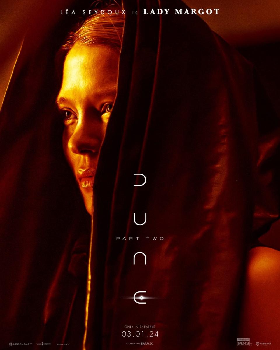 Lea Seydoux in a hood on a character poster for Dune: Part Two