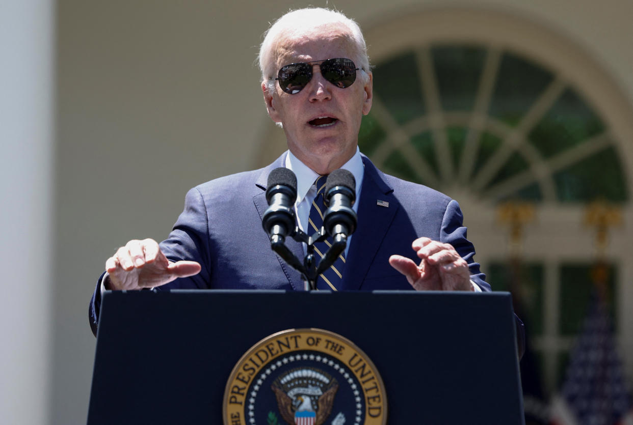 U.S. President Joe Biden nominates U.S. Air Force General Charles Brown Jr. to serve as the next chairman of the U.S. Joint Chiefs of Staff, during a nomination event in the Rose Garden at the White House in Washington, U.S., May 25, 2023. REUTERS/Evelyn Hockstein