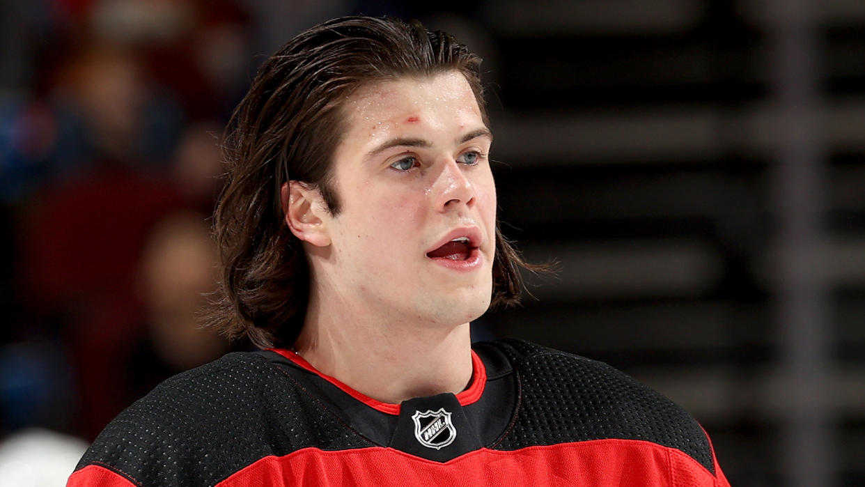 New Jersey Devils prospect Nikita Okhotiuk dropped the gloves with Casey Fitzgerald. (Photo by Elsa/Getty Images)