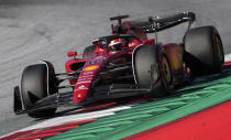 Ferrari driver Charles Leclerc of Monaco steers his car during a qualifying session at the Red Bull Ring racetrack in Spielberg, Austria, Friday, July 8, 2022. The Austrian F1 Grand Prix will be held on Sunday July 10, 2022. (AP Photo/Matthias Schrader)