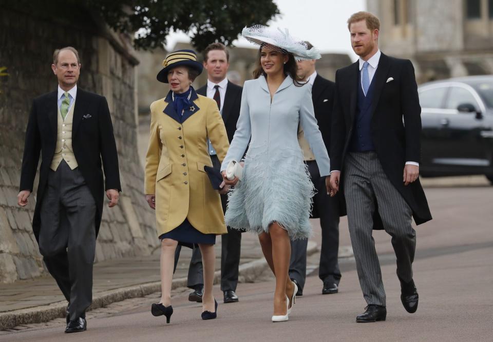 Prince Edward, Princess Anne, Lady Frederick of Windsor and Prince Harry on their way to the services
