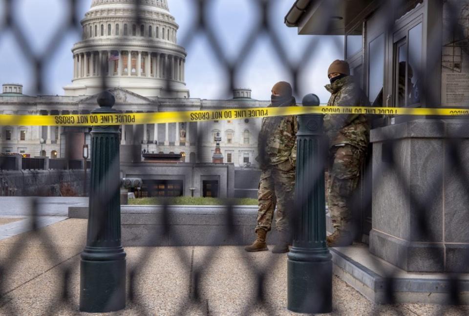 DC National Guard troops stand watch at the U.S. Capitol on January 08, 2021 in Washington, DC.(Photo by John Moore/Getty Images)