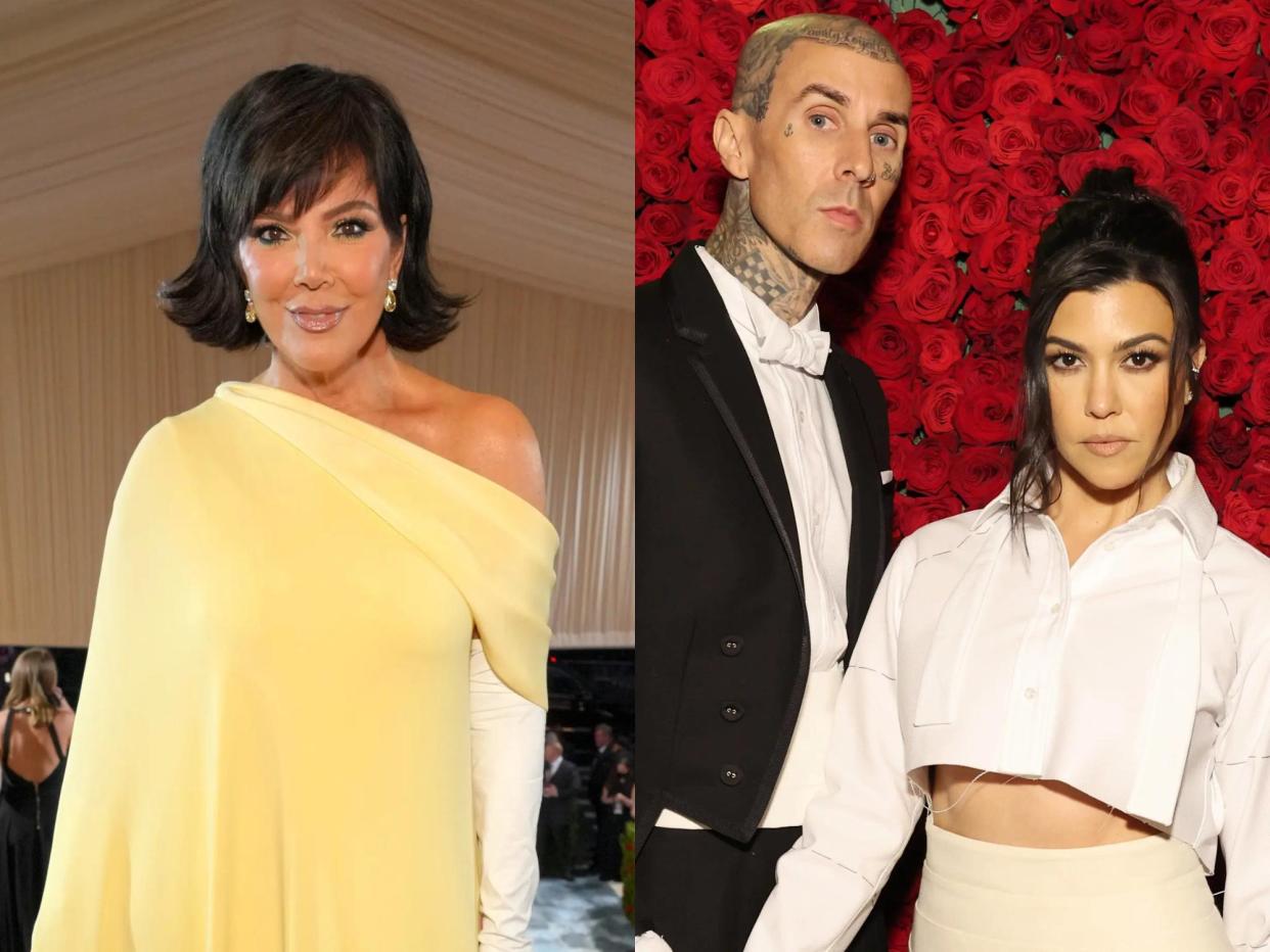 left: kris jenner in an off the shoulder, light yellow dress, her hair flipped out at the ends; right: travis barker and kourtney kardashian standing in front of a wall of roses, posing in coordinated tuxedo-esque outfits
