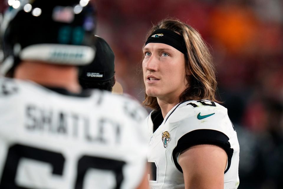 Jacksonville Jaguars quarterback Trevor Lawrence (16) paces in the bench area after he was injured during the second half of an NFL football game against the Tampa Bay Buccaneers Sunday, Dec. 24, 2023, in Tampa, Fla. (AP Photo/Chris O'Meara)