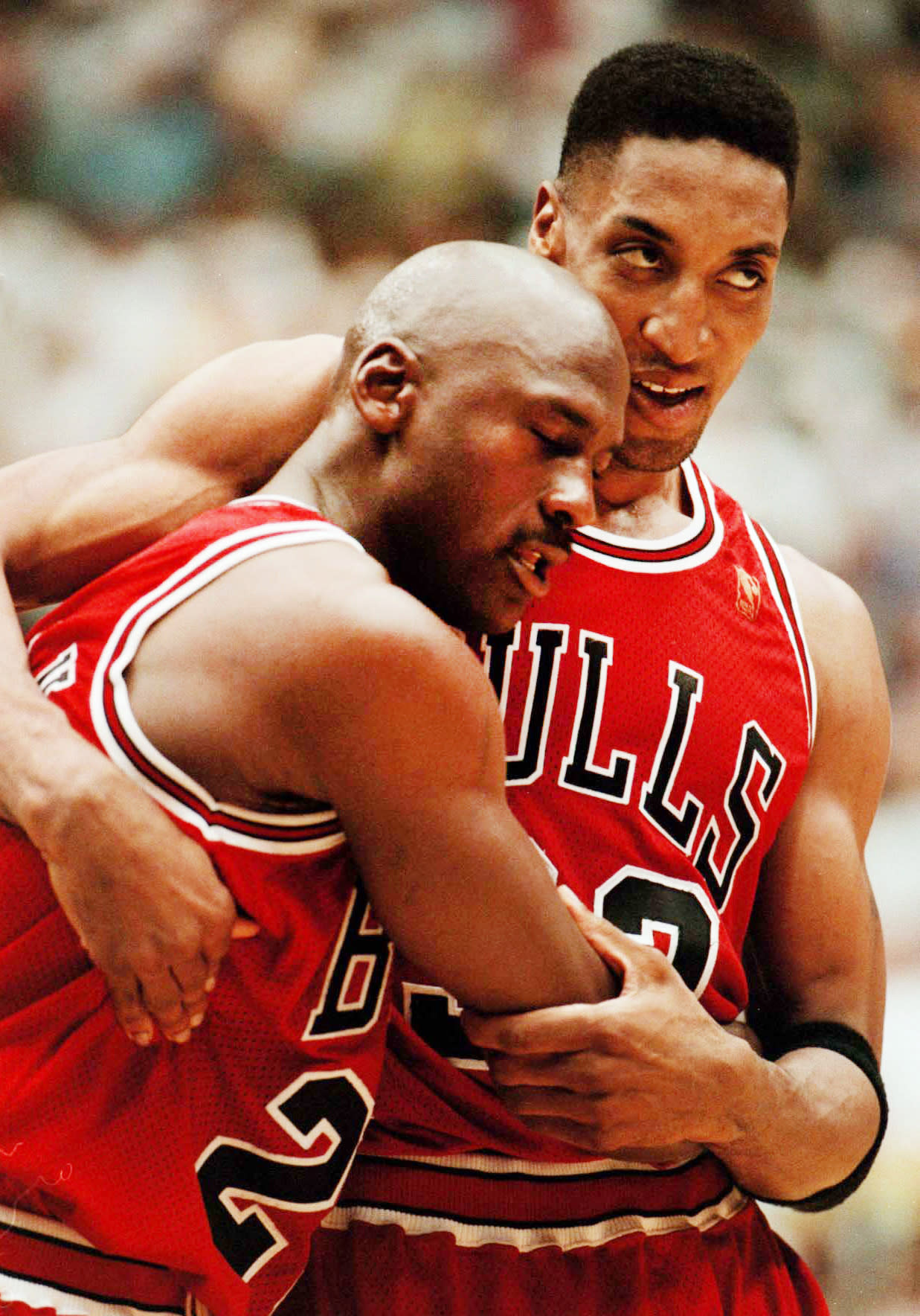 Jordan collapsed into Scottie Pippen's arms as he walked off the court during a late timeout, a sleepless night before thanks to some bad pizza in his rearview mirror and another clutch, courageous performance in his making on June 11, 1997. He finished with 38 points, seven rebounds, five assists and three steals, not to mention the game-clinching 3-pointer in his leg-wearying 44th minute. The crucial Game 5 road victory prevented the Jazz from sweeping three straight home games. Two nights later, the Bulls closed out their fifth title at the United Center. (Nuccio DiNuzzo/Chicago Tribune/Tribune News Service via Getty Images)