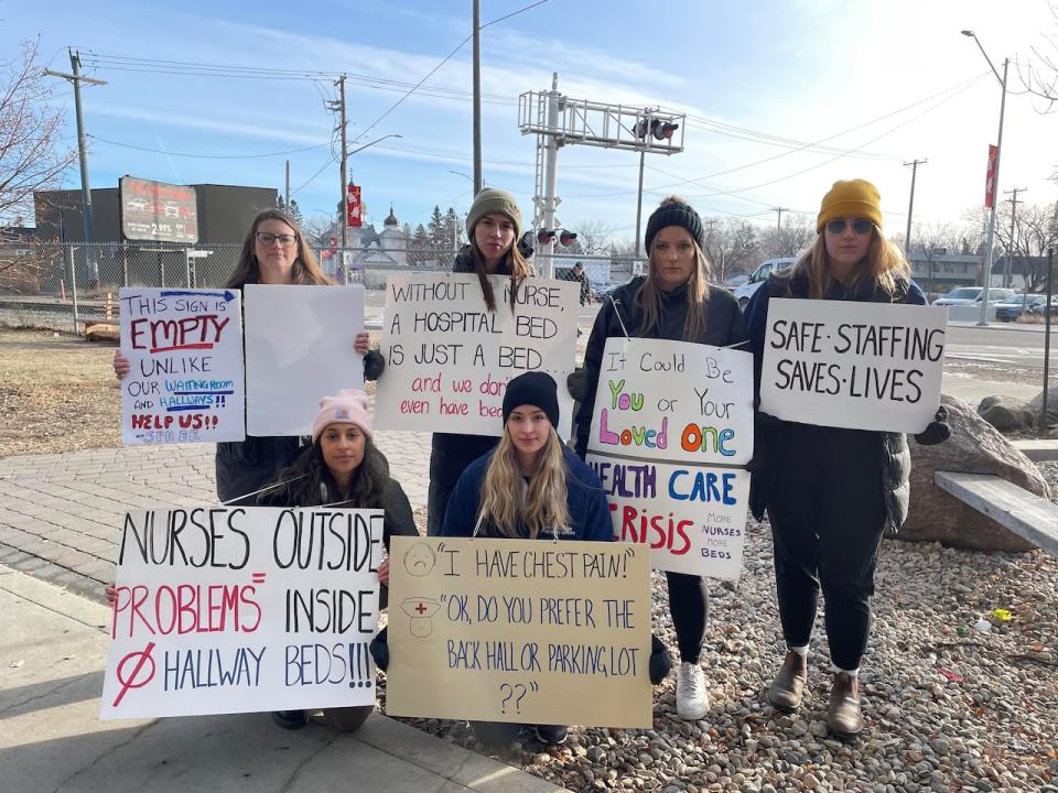 Nurses and health care staff at St. Paul's Hospital gathered at a Saskatoon rally to call for more staffing. 