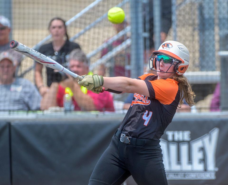 Illini Bluffs' Sara Finn makes contact with a LeRoy pitch during the Class 1A softball state semifinals Friday, June 2, 2023 at the Louisville Slugger Sports Complex in Peoria. The Tigers defeated LeRoy 10-0 in five innings to advance to the state title game Saturday.