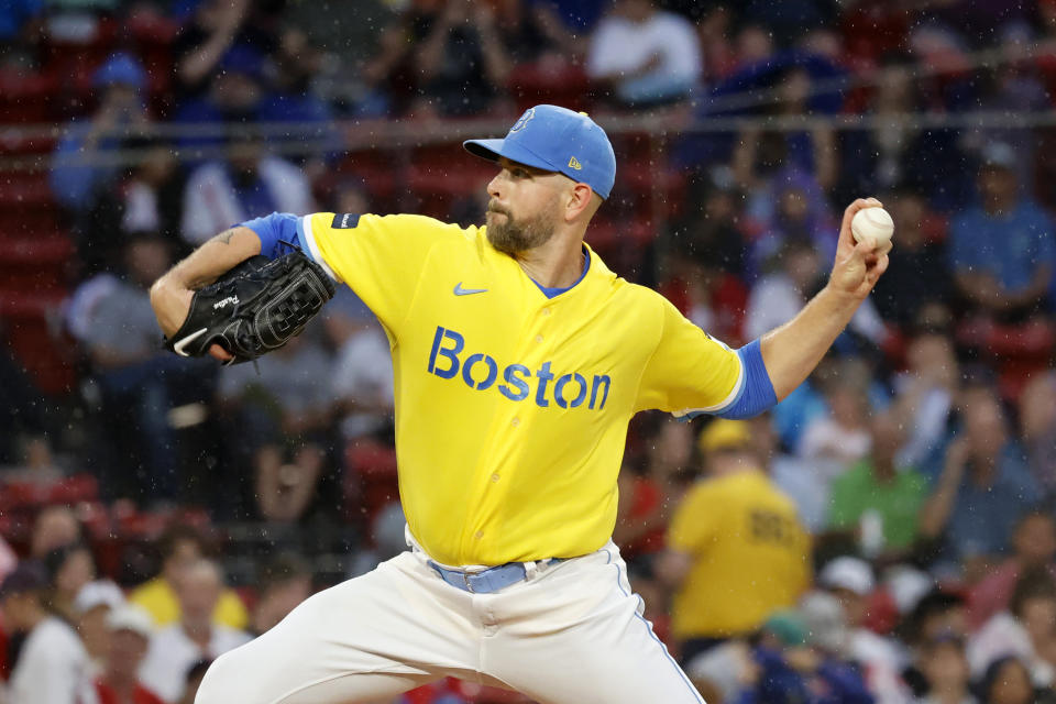 Boston Red Sox starting pitcher James Paxton delivers to a Kansas City Royals batter during the first inning of a baseball game at Fenway Park, Thursday, Aug. 10, 2023, in Boston. (AP Photo/Mary Schwalm)