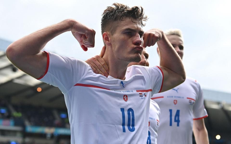 Czech Republic's forward Patrik Schick celebrates after scoring a penalty during the UEFA EURO 2020 Group D football match between Croatia and Czech Republic at Hampden Park in Glasgow on June 18, 2021 - PAUL ELLIS/POOL/AFP via Getty Images