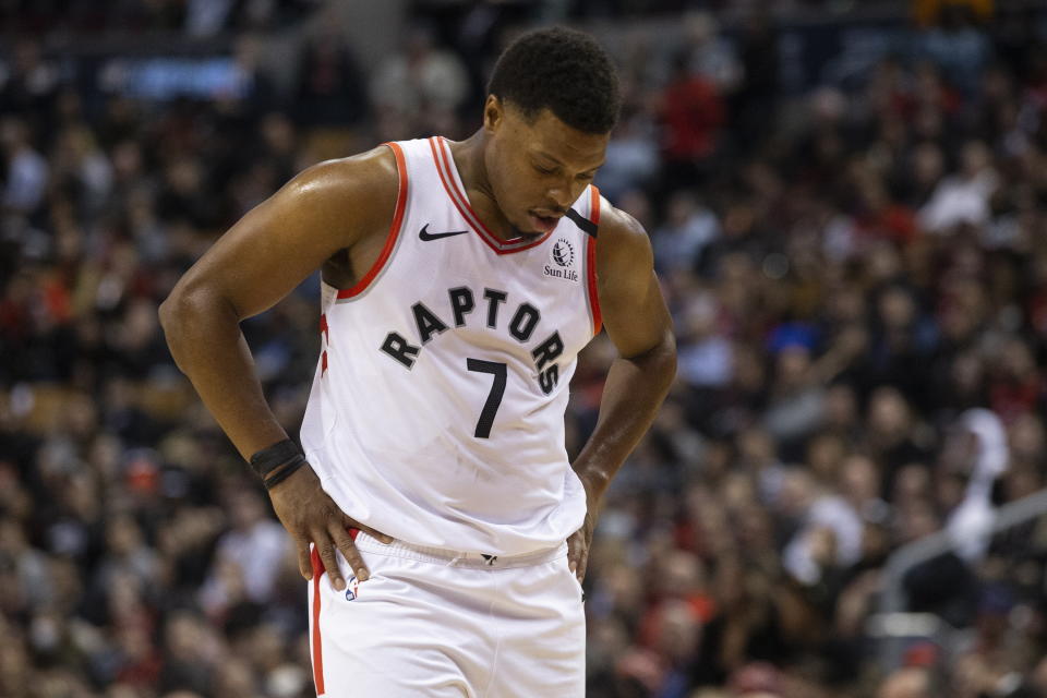 Toronto Raptors' Kyle Lowry reacts during his team's 104-105 loss to San Antonio Spurs in an NBA basketball game in Toronto on Sunday, Jan. 12, 2020. (Chris Young/The Canadian Press via AP)