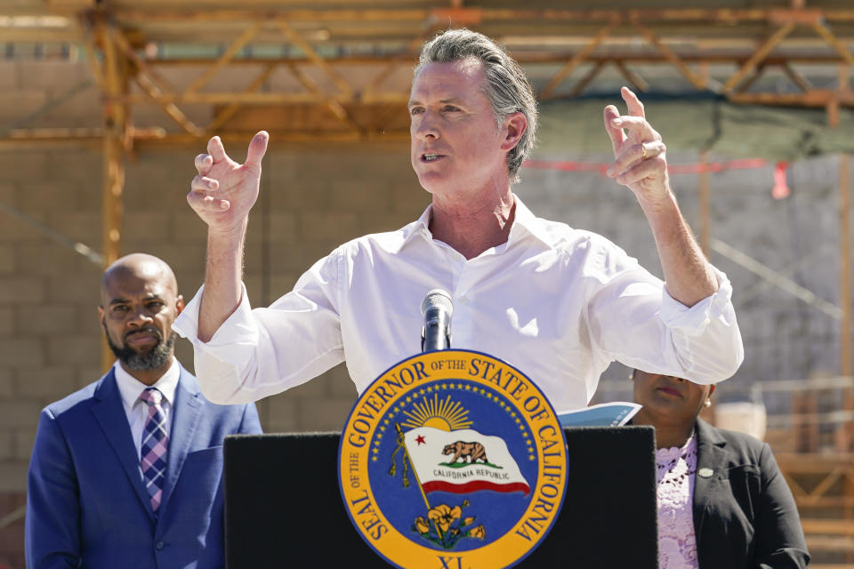 Governor Gavin Newsom talks to reporters during a press conference at the construction site of a water desalination plant in Antioch, Calif., Thursday, Aug. 11, 2022. (AP Photo/Godofredo A. Vásquez)