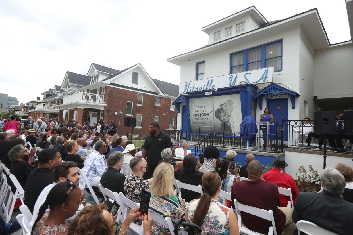 The Motown Museum's Robin Terry addresses a crowd on Aug. 8, 2022, as the museum's latest expansion work is unveiled.