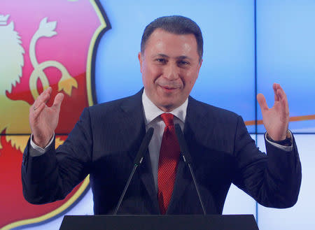 Leader of Macedonian ruling party VMRO-DPMNE and former Prime Minister Nikola Gruevski addresses the media in Skopje, Macedonia, December 12, 2016. REUTERS/Ognen Teofilovski