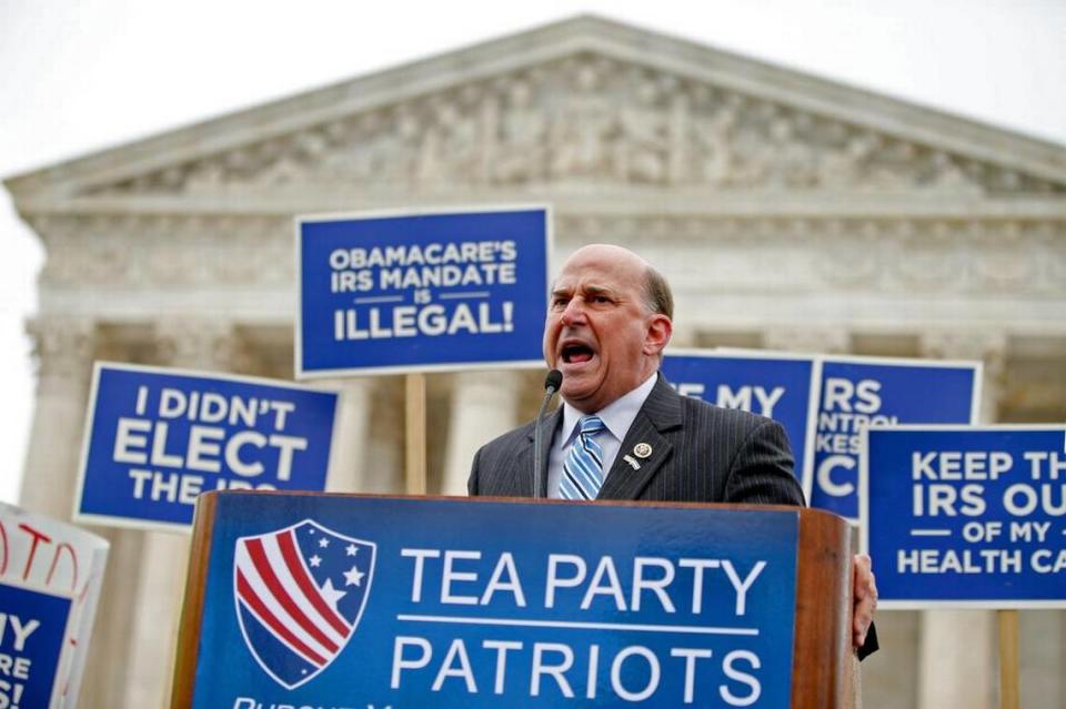 Rep. Louie Gohmert, R-Texas, speaks at a rally outside the Supreme Court in Washington in March as the court heard arguments in King v. Burwell, a major test of President Barack Obama’s healthcare overhaul. A ruling for the plaintiffs would have halted health insurance subsidies in the 34 states, including Florida and Texas, where the federal government runs the insurance exchange.