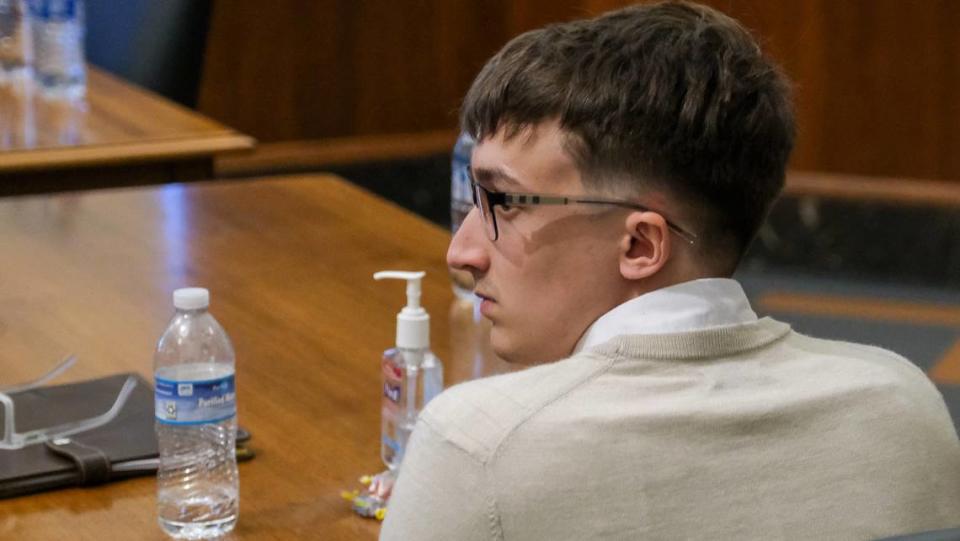 Jerron Lightfoot, 20, of Tonganoxie, waiting in Jackson County Circuit Court for the outcome of his sentencing hearing. Judge Sarah a. Castle sentenced Lightfoot to 10 years in prison for driving recklessly and causing the February 2023 crash that killed Kansas City police officer James Muhlbauer and Jesse Eckes, a bystander caught up in the wreckage. Muhlbauer’s police dog, Champ, was also killed in the crash.