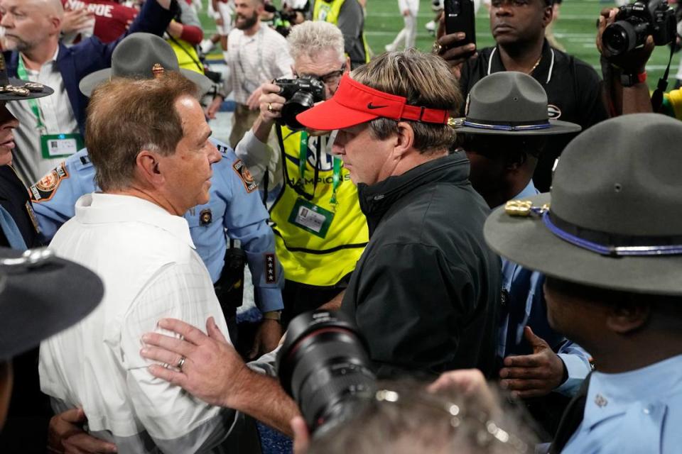 Georgia coach Kirby Smart, and now-former Alabama head man Nick Saban met after the Crimson Tide upset the No. 1 Bulldogs 27-24 in last month’s SEC Championship Game. In six meetings, Saban went 5-1 vs. Smart.