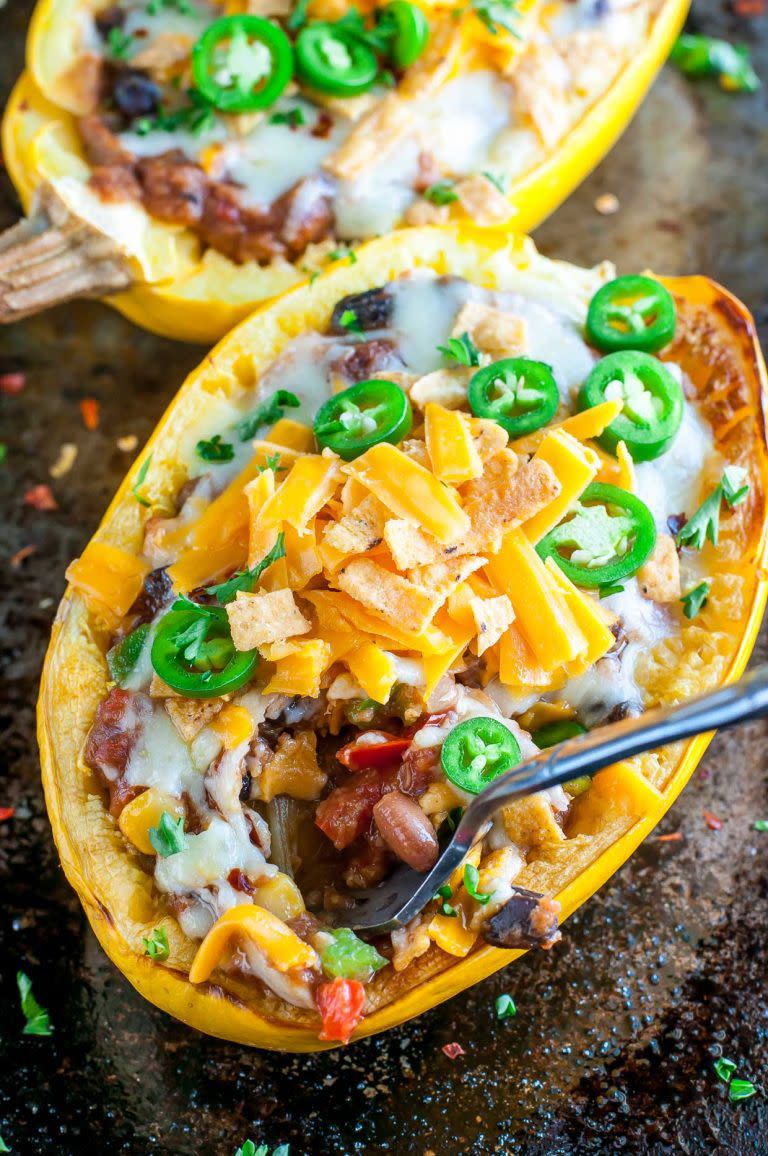 Easy Cheesy Chili Stuffed Spaghetti Squash