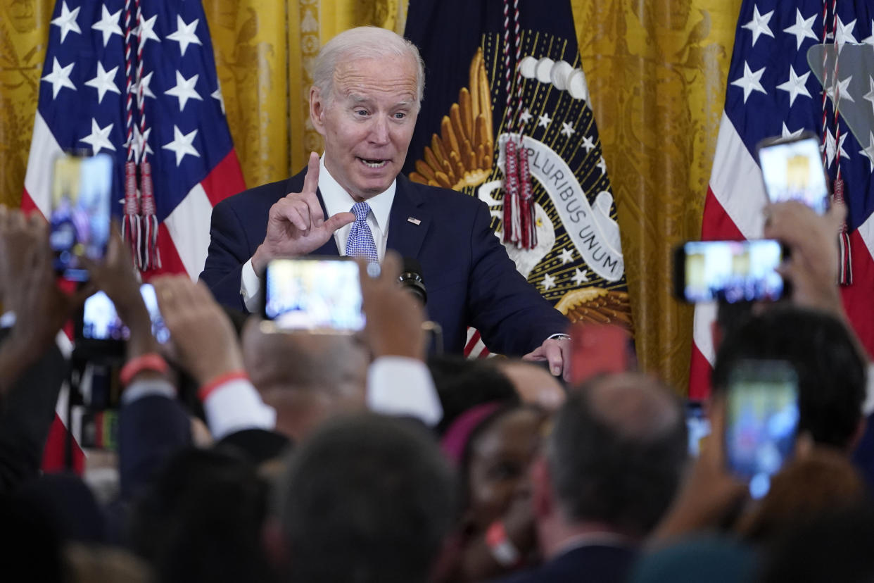 President  Biden speaks during a reception in the East Room of the White House in Washington. (AP)
